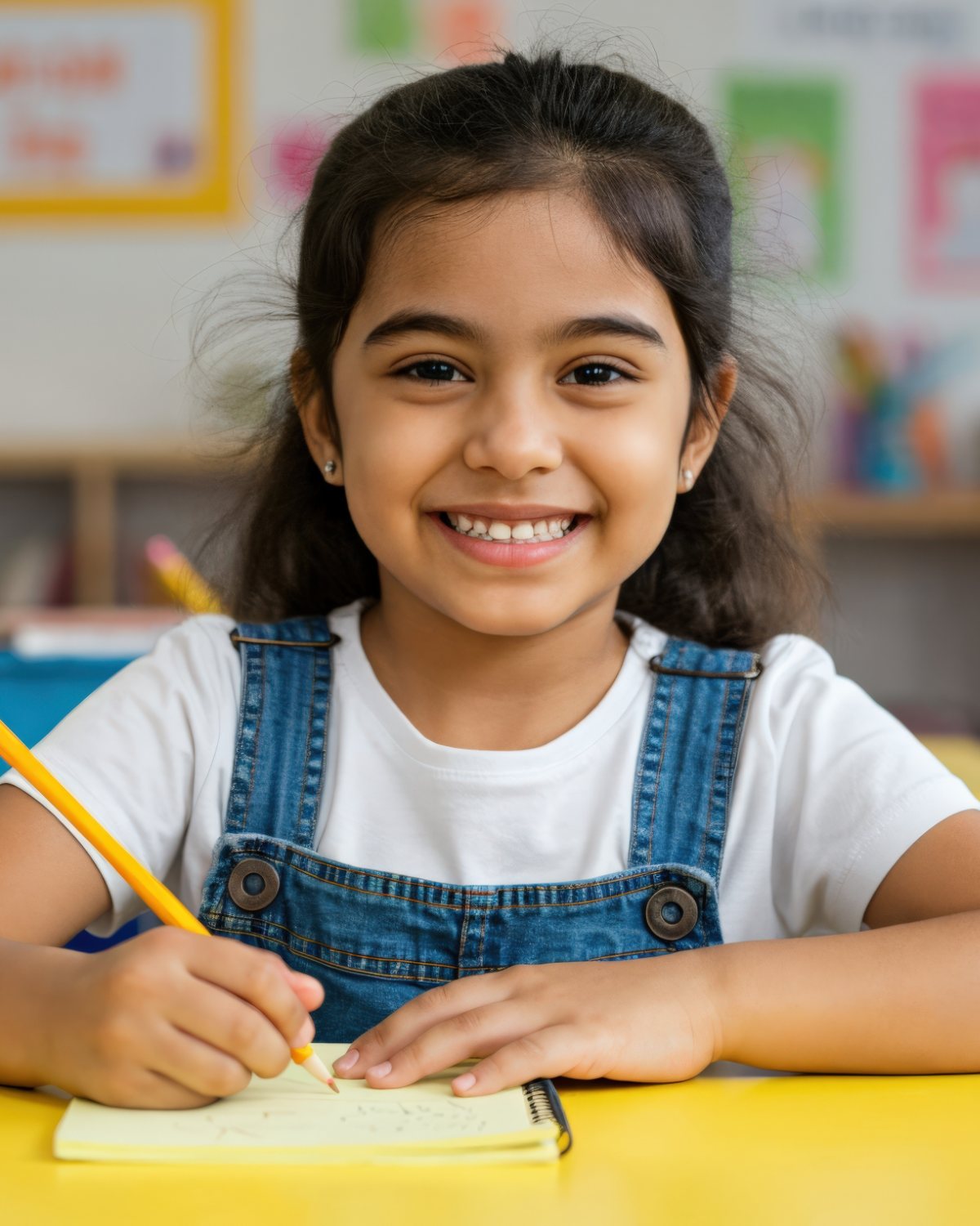 Primary student smiling at her desk while writing